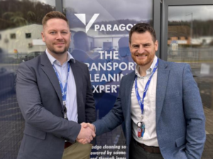 Jorden Clay (L), Group General Manager, and Paul Urquhart (R), Managing Director outside the new facility shaking hands.